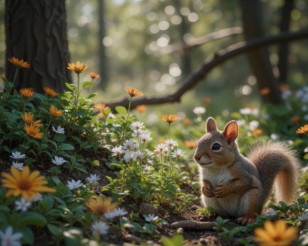 Squirrel in Sunlit Forest Glade with Wildflowers