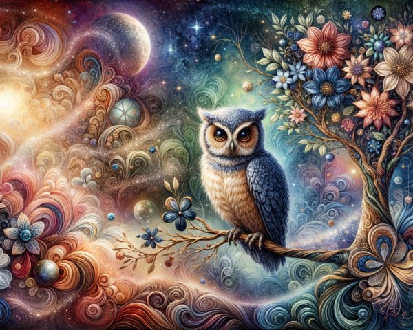Owl Surrounded by Vibrant Flowers and Cosmic Elements