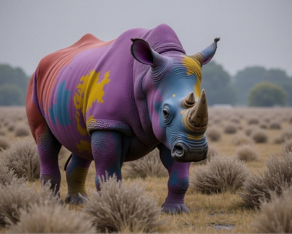 Surreal Rhinoceros in Vibrant Grassy Landscape