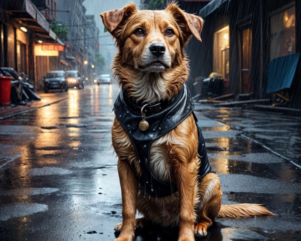 Confident Dog on Rainy Urban Street with Harness