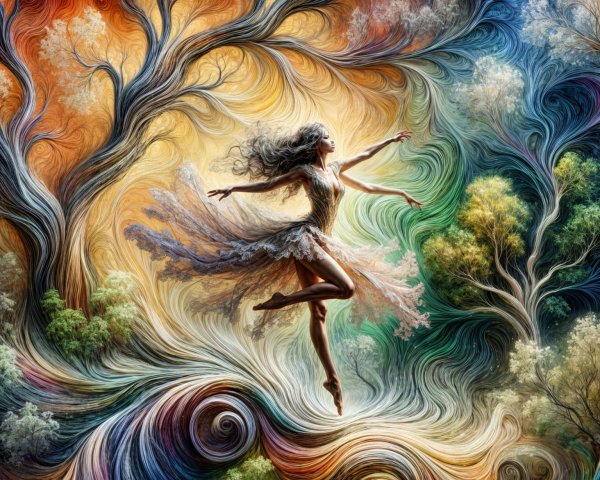 Dancer in Vibrant Nature-Inspired Color Swirl