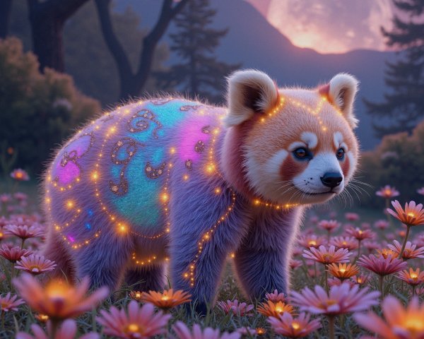 Colorful Red Panda in a Magical Floral Landscape