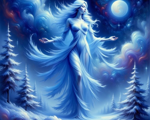 Celestial Figure in Icy Landscape with Ethereal Elements