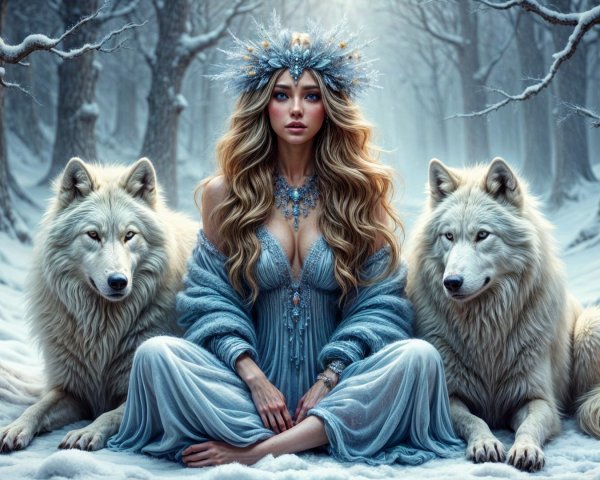 Serene Woman in Icy Blue with White Wolves in Forest