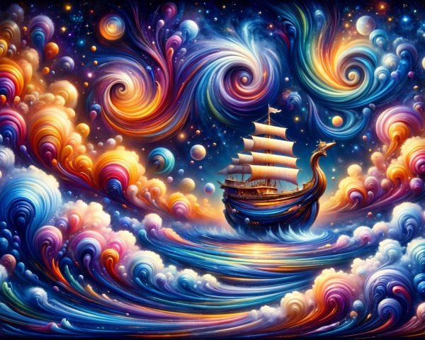 Cosmic Sailing Ship Amidst Colorful Nebulae