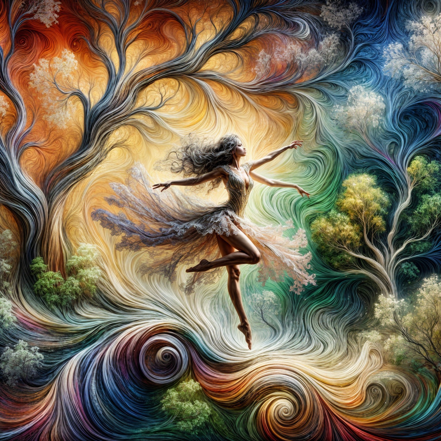 Dancer in Vibrant Nature-Inspired Color Swirl