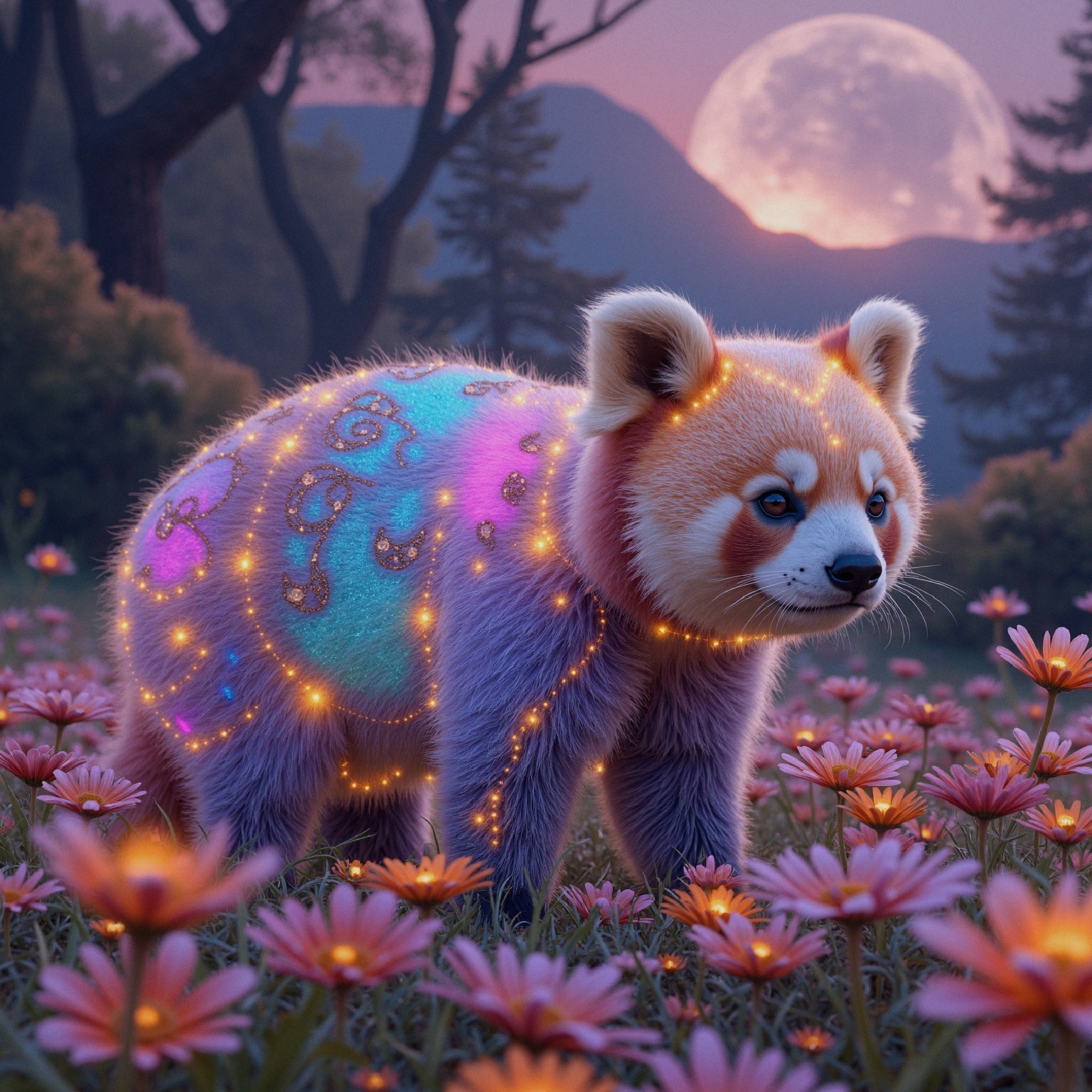 Colorful Red Panda in a Magical Floral Landscape