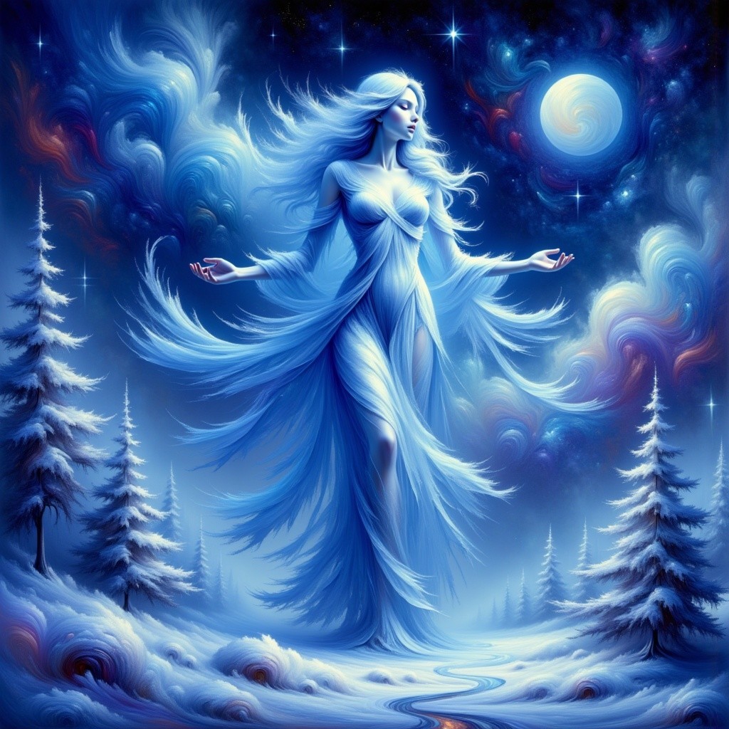 Celestial Figure in Icy Landscape with Ethereal Elements