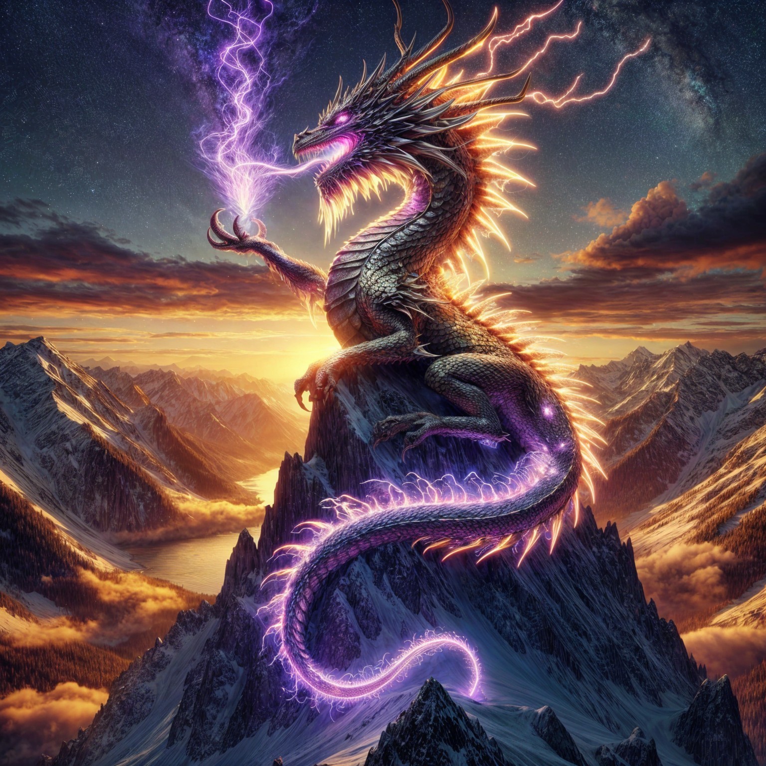 Majestic dragon breathing purple flames at sunset