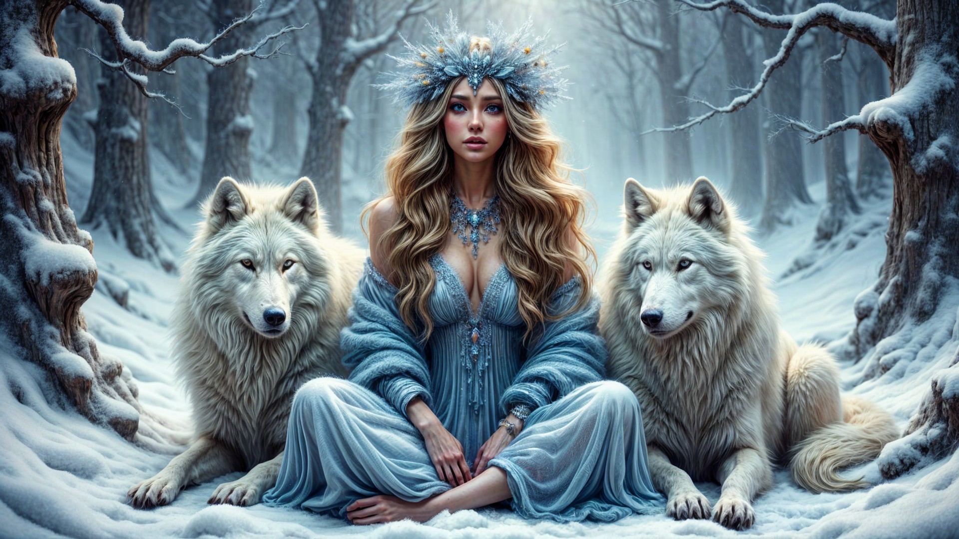 Serene Woman in Icy Blue with White Wolves in Forest