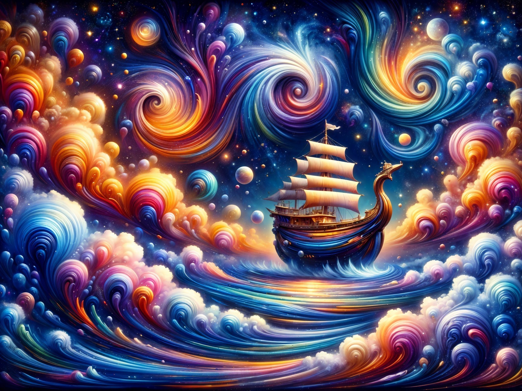 Cosmic Sailing Ship Amidst Colorful Nebulae