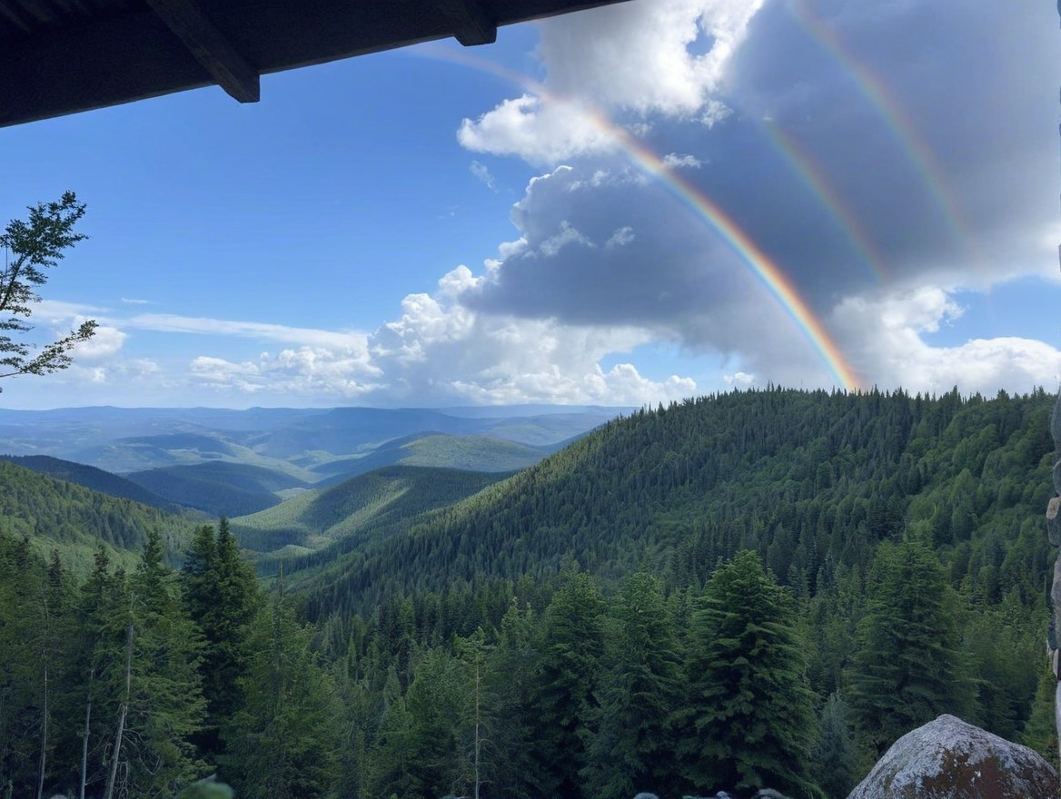 Lush Mountain Landscape with Vibrant Rainbows and Clouds