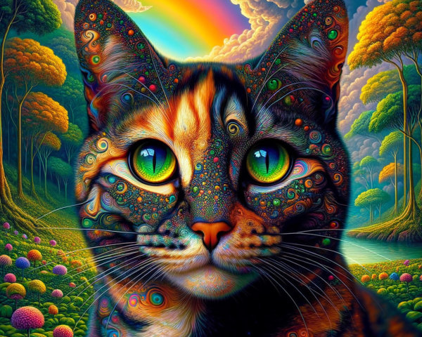 Psychedelic Cat Illustration with Vibrant Colors