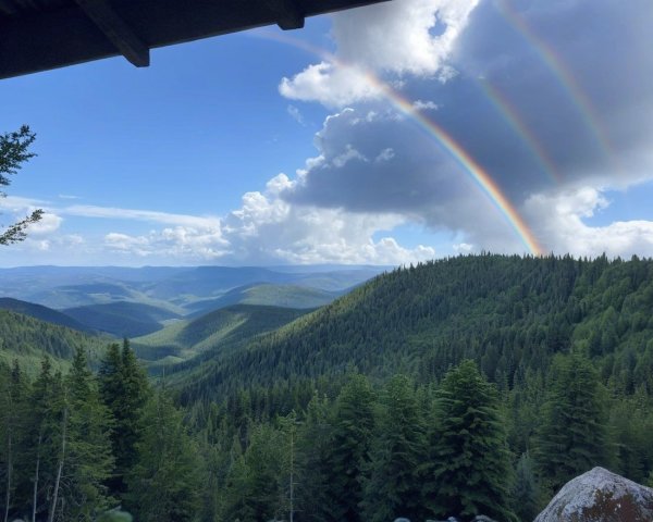 Lush Mountain Landscape with Vibrant Rainbows and Clouds