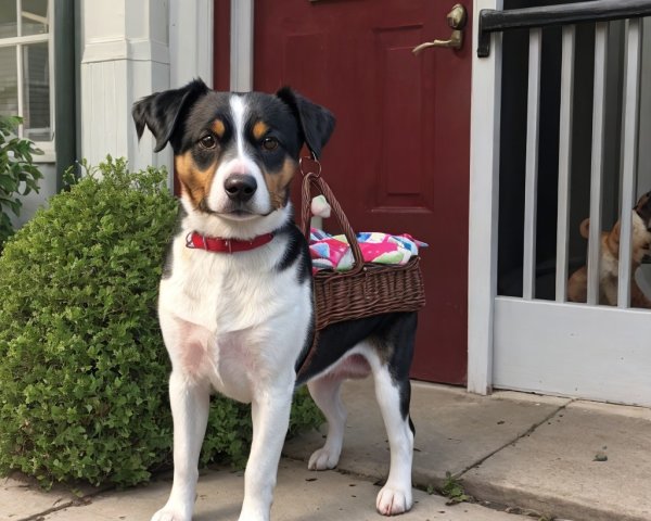 Cheerful dog with basket outside a house