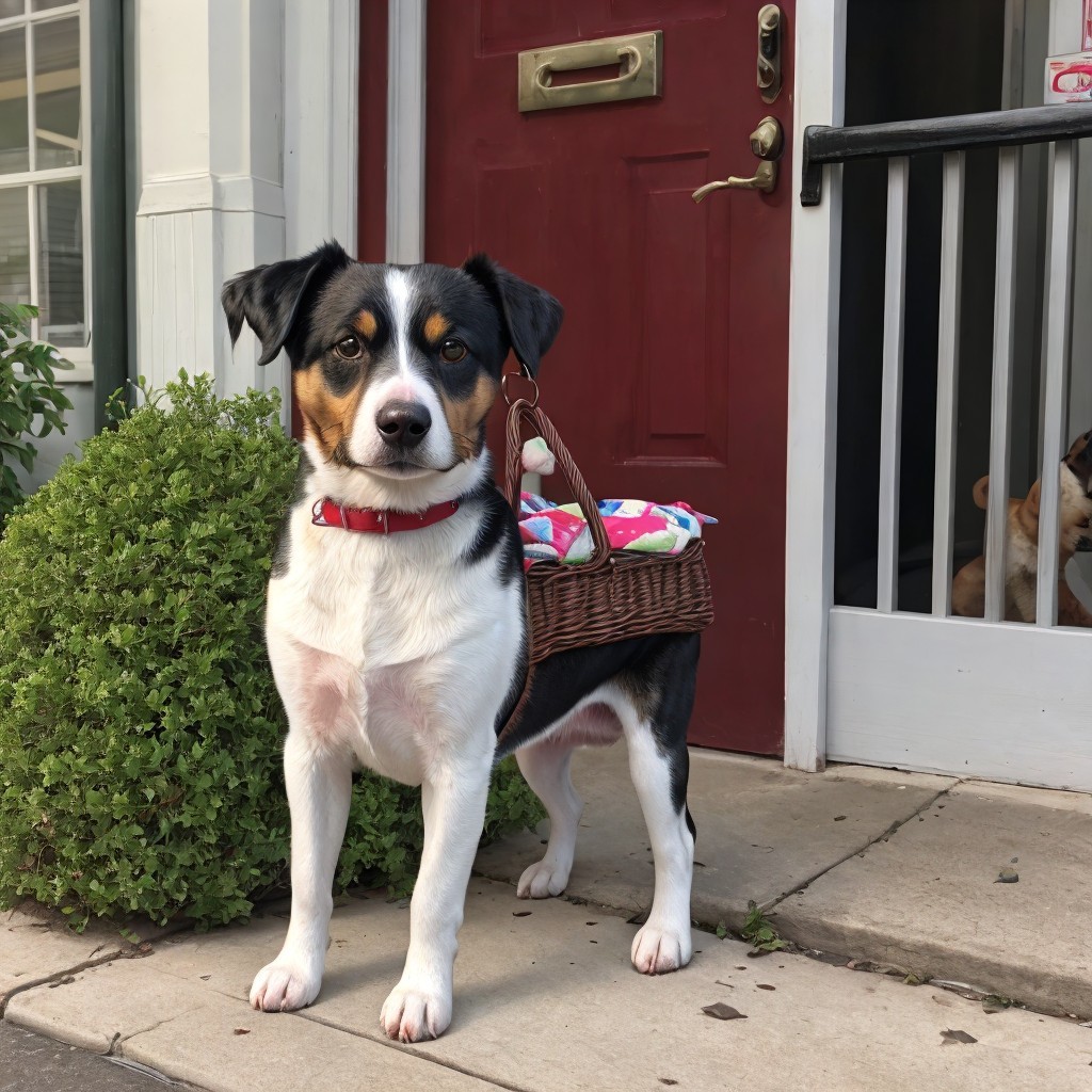 Cheerful dog with basket outside a house