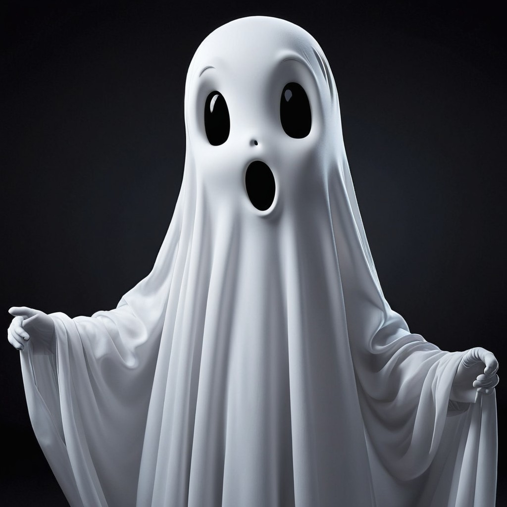 Cartoonish Ghost in Dramatic, Dimly Lit Setting