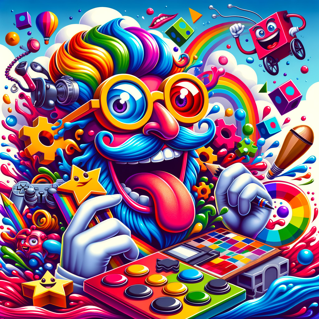 Whimsical Illustration of a Colorful Character and Tools