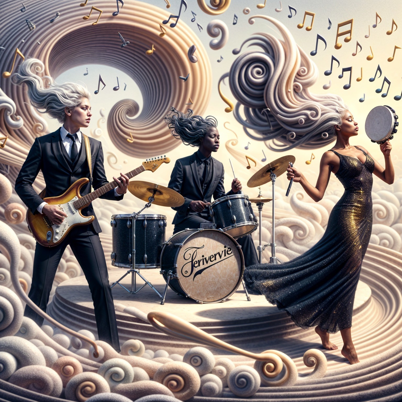 Musicians in a Whimsical Scene with Clouds and Notes