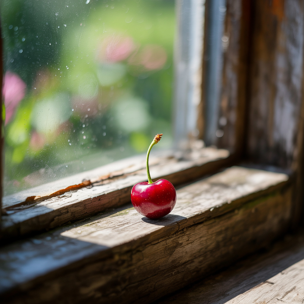 Ripe Cherry on Sunlit Wooden Windowsill Scene