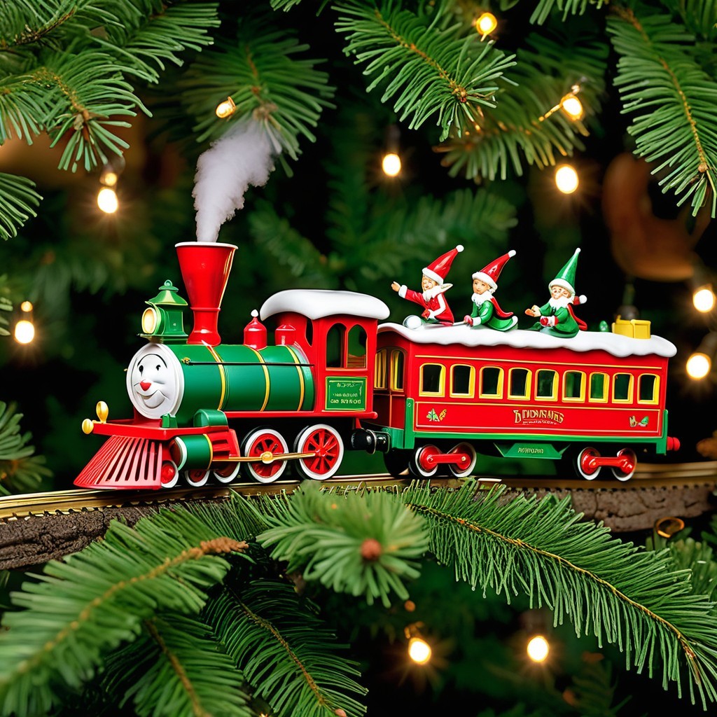 Whimsical Christmas Train Scene with Elves and Tree