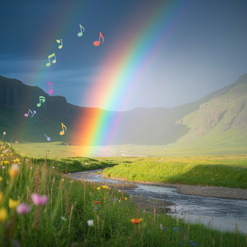 Vibrant Rainbow Over Serene Landscape with Flowers
