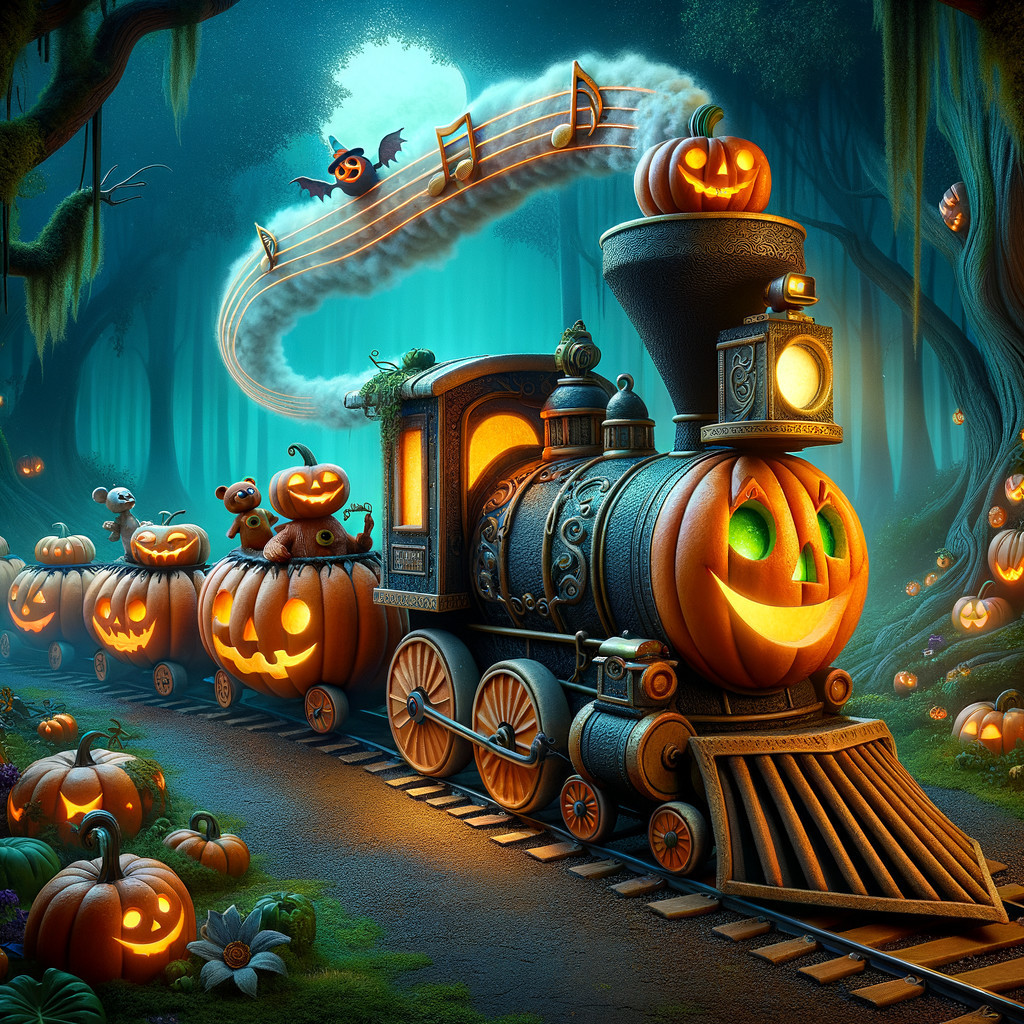 Whimsical Pumpkin Train in Enchanted Forest
