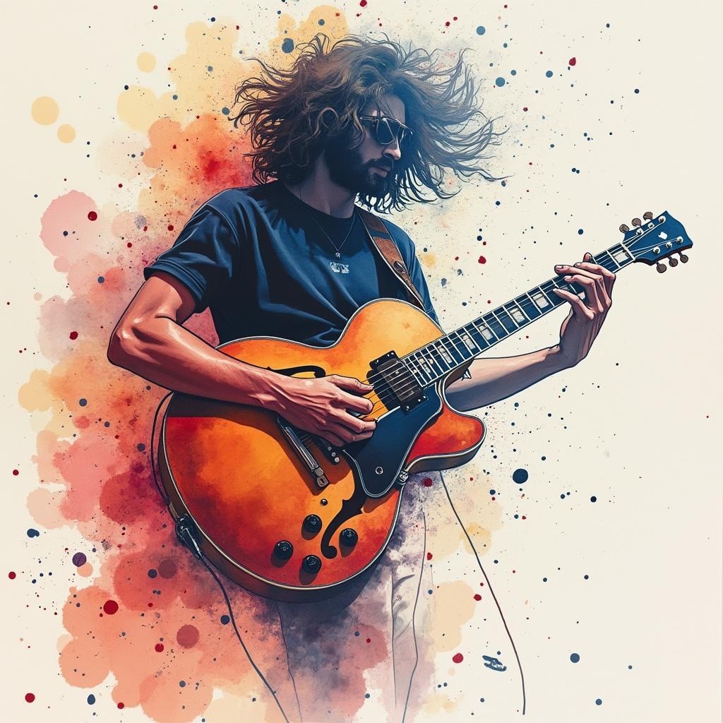 Young man playing electric guitar with colorful background