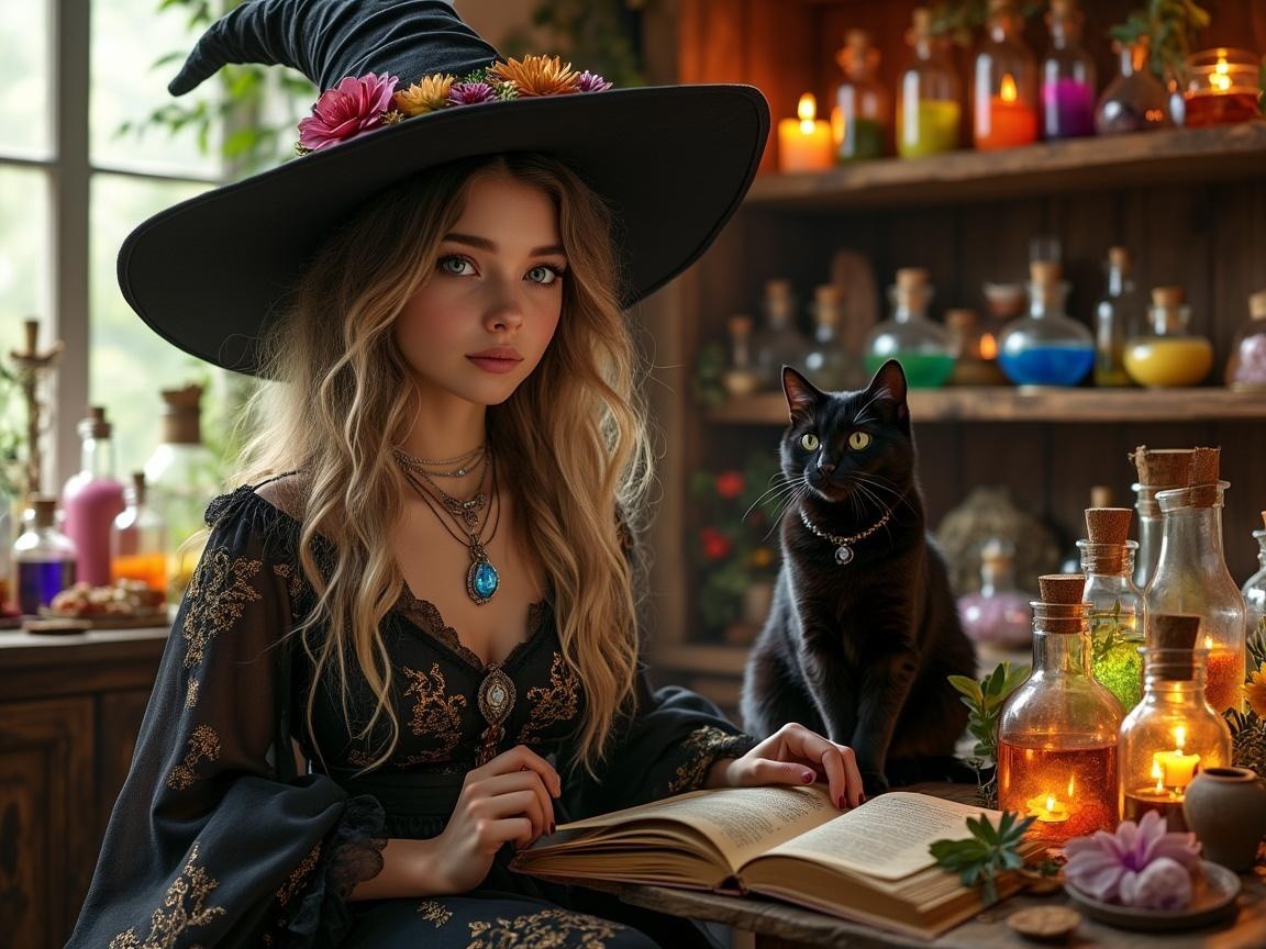 Young woman in witch's hat at rustic table with potions