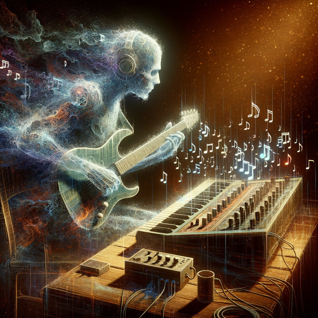 Ghostly Musician with Guitar in Surreal Studio Setting