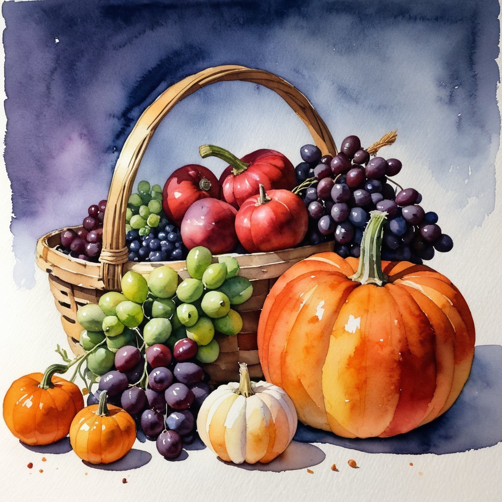 Illustration of a Fruit and Vegetable Basket in Watercolor