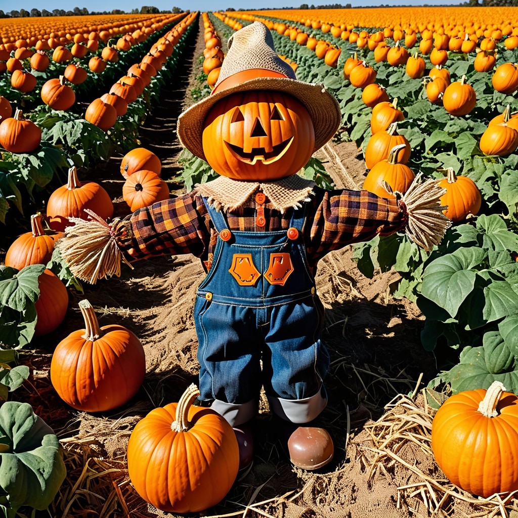 Cheerful Scarecrow in Pumpkin Patch Under Blue Sky