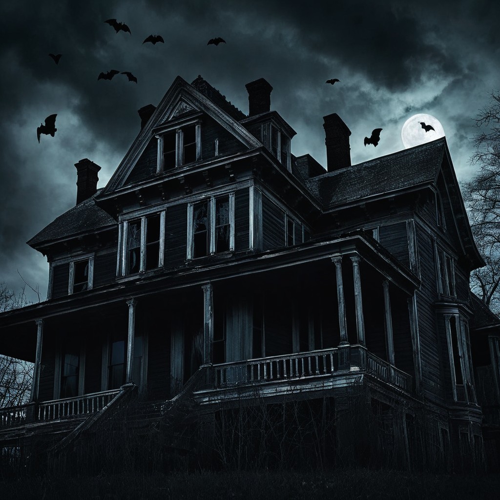 Victorian Mansion Under Dark Sky with Eerie Atmosphere