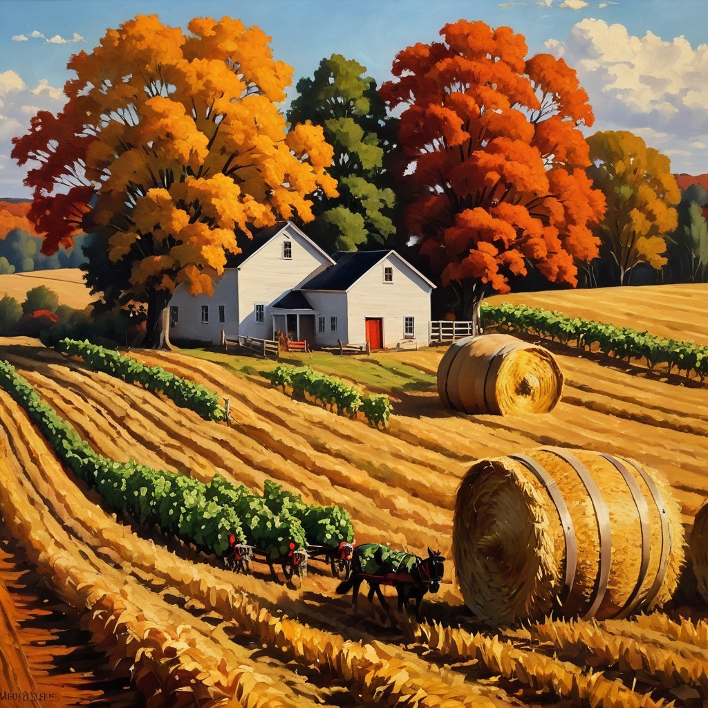 Charming Autumn Landscape with Farmhouse and Horses