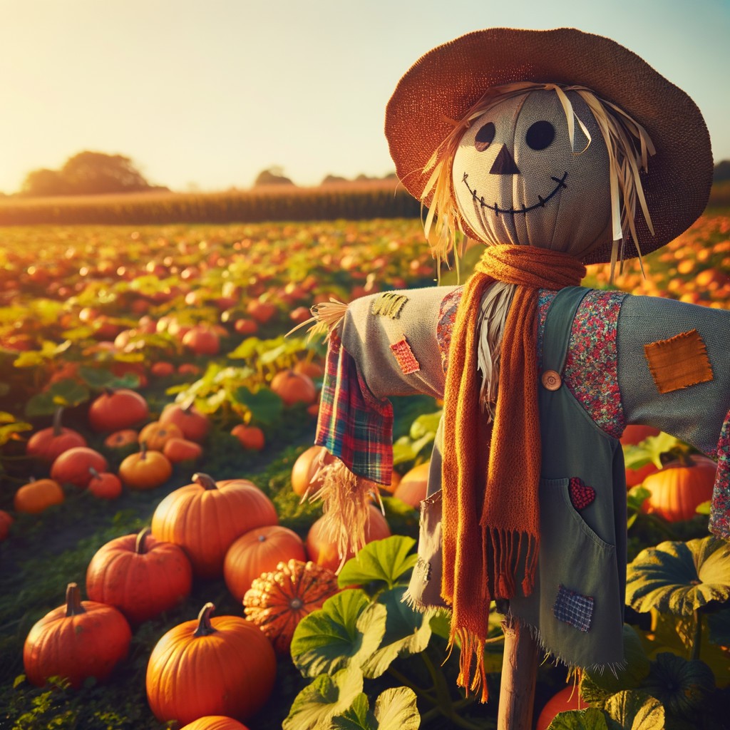 Cheerful Scarecrow in Vibrant Pumpkin Field at Sunset