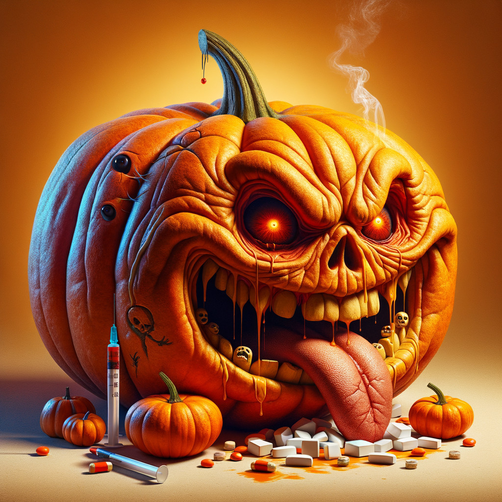 Monstrous jack-o'-lantern with glowing eyes and pills