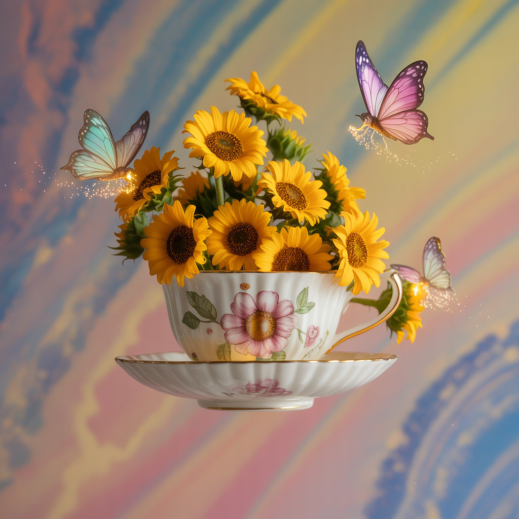 Porcelain Teacup with Sunflowers and Butterflies