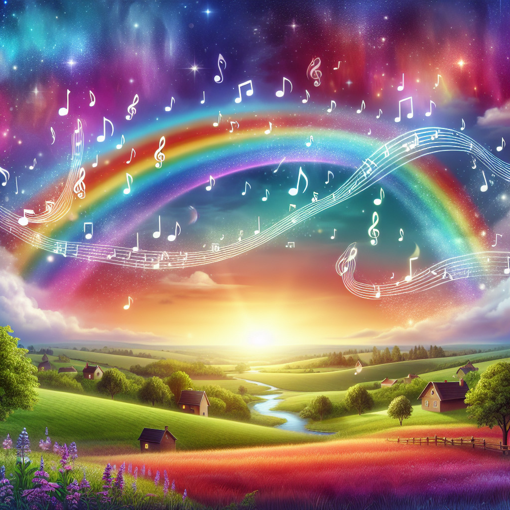 Vibrant Sunset Landscape with Hills and Musical Notes