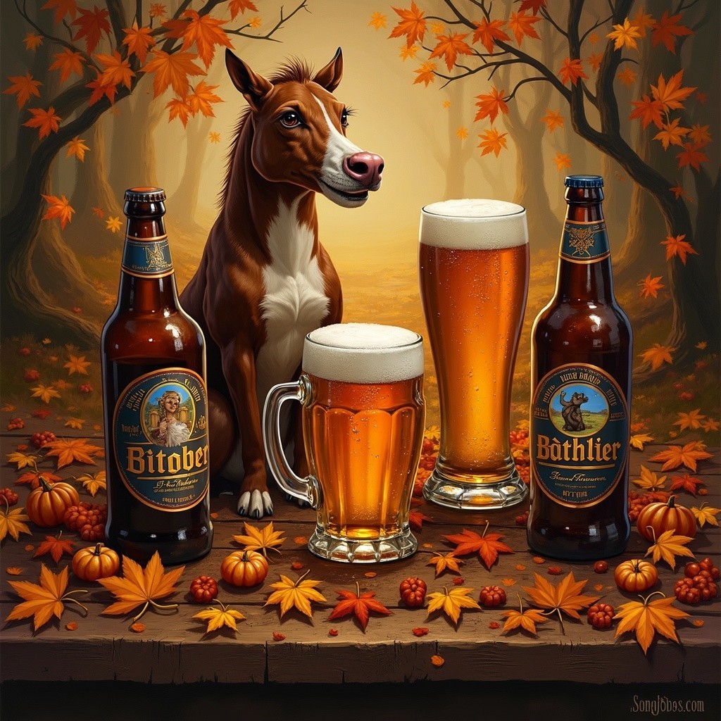 Autumn Scene with Dog, Beer, and Pumpkins