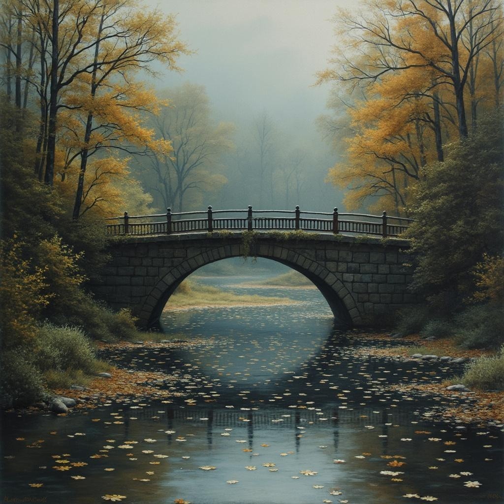 Autumn Scene with Stone Bridge and Tranquil River