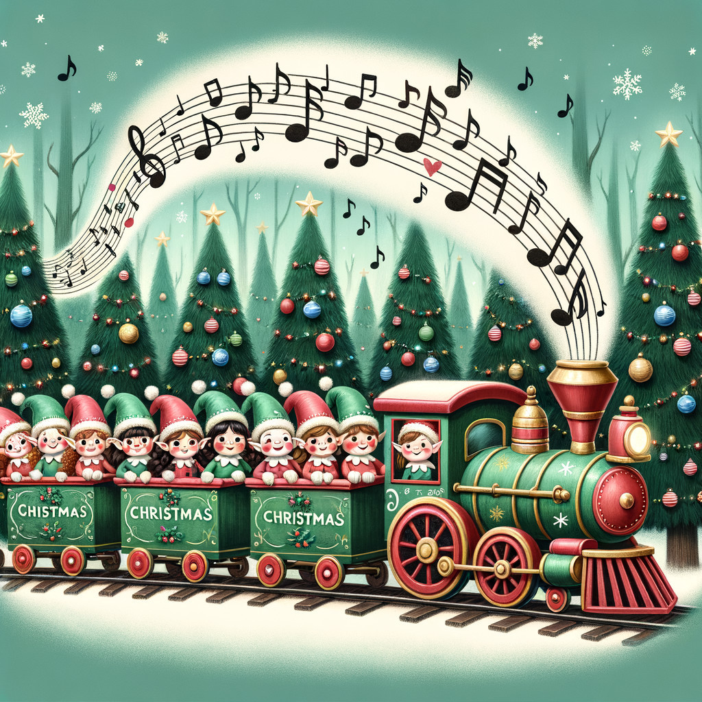 Whimsical Christmas Train with Elves in Festive Forest