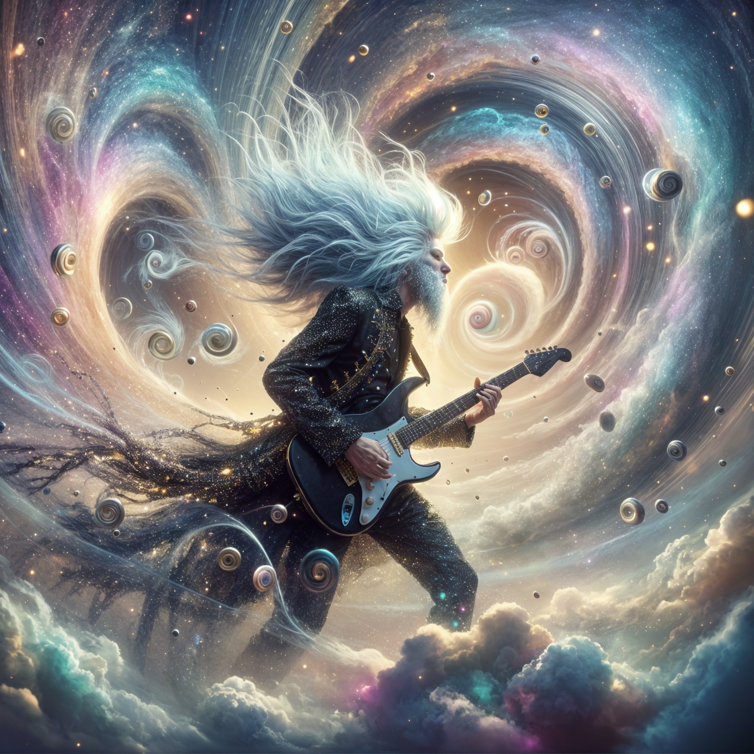 Cosmic Musician in Celestial Landscape with Guitar
