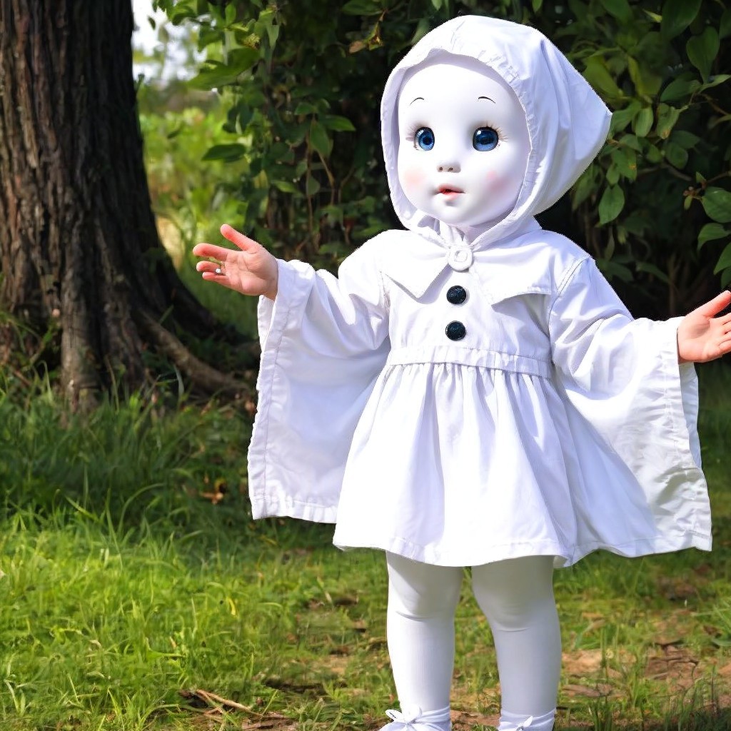 Whimsical Doll in Hooded Cape Surrounded by Greenery
