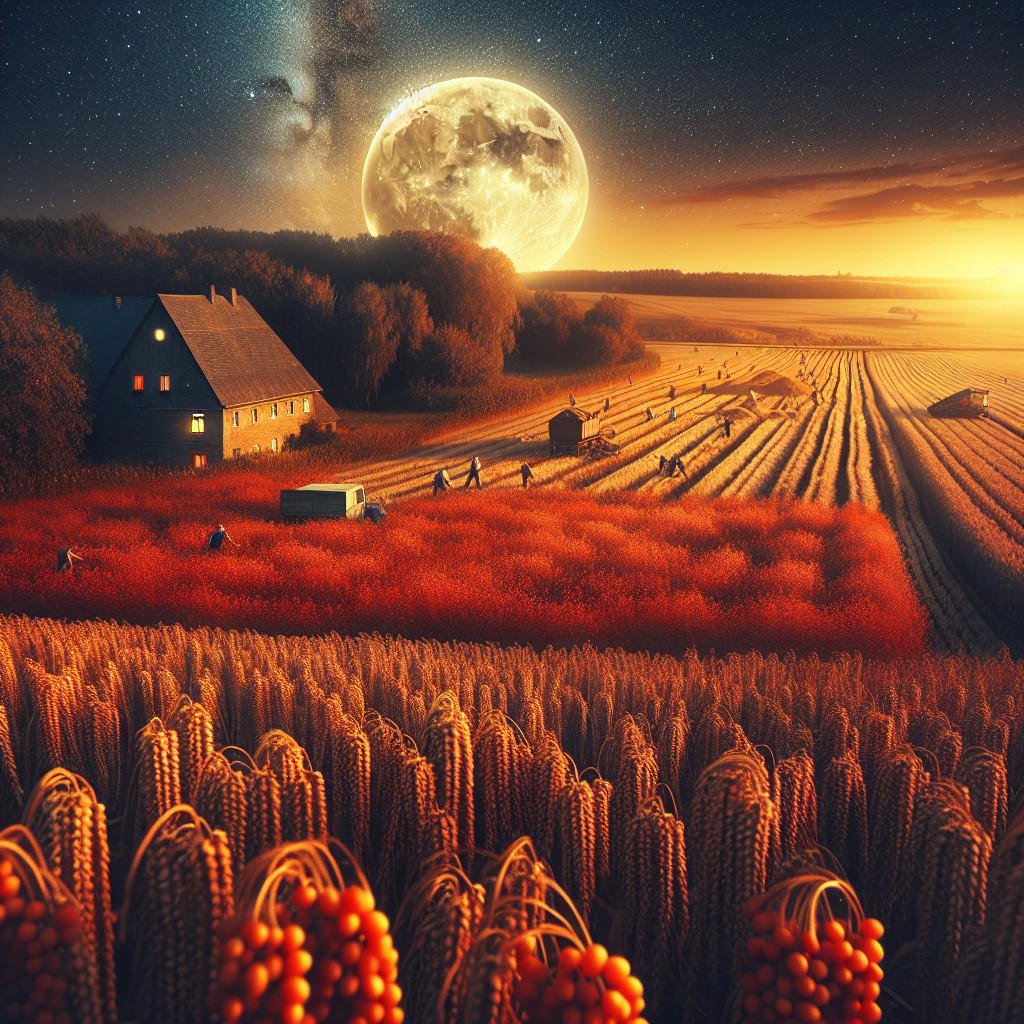 Serene Countryside at Dusk with Vibrant Fields and Moon
