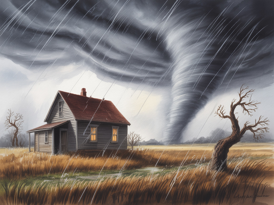 Weathered House in Field Under Stormy Skies and Tornado