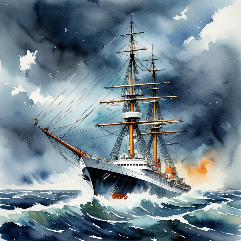 Tall Ship in Turbulent Seas with Dramatic Watercolors