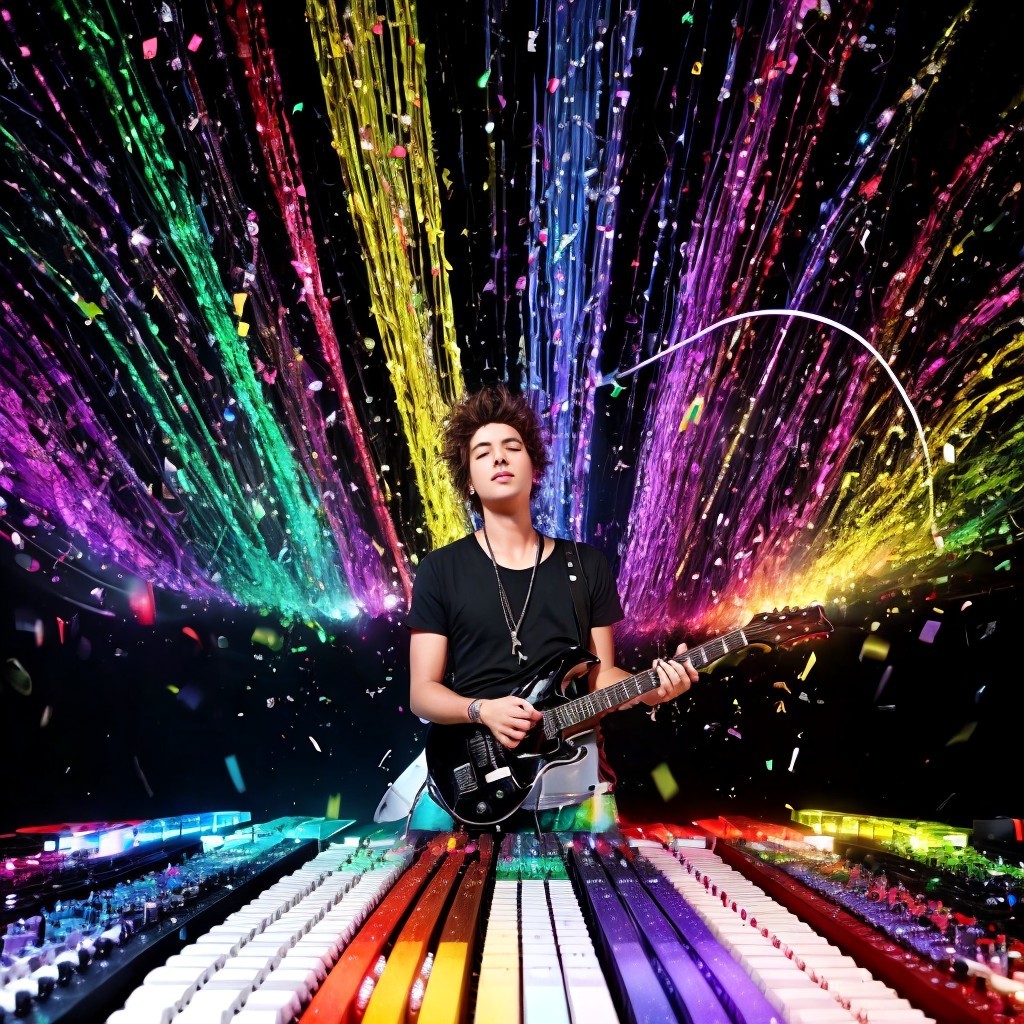 Young Musician with Electric Guitar in Colorful Scene