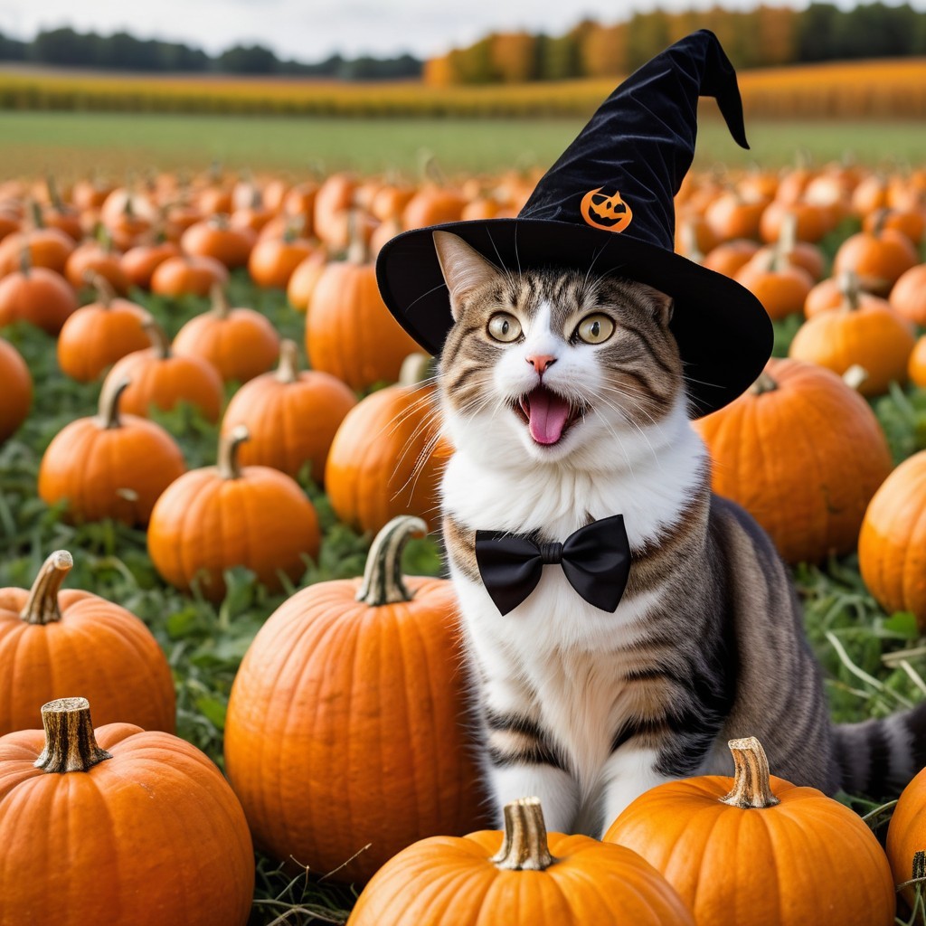Playful Cat in Witch Hat Among Vibrant Pumpkins