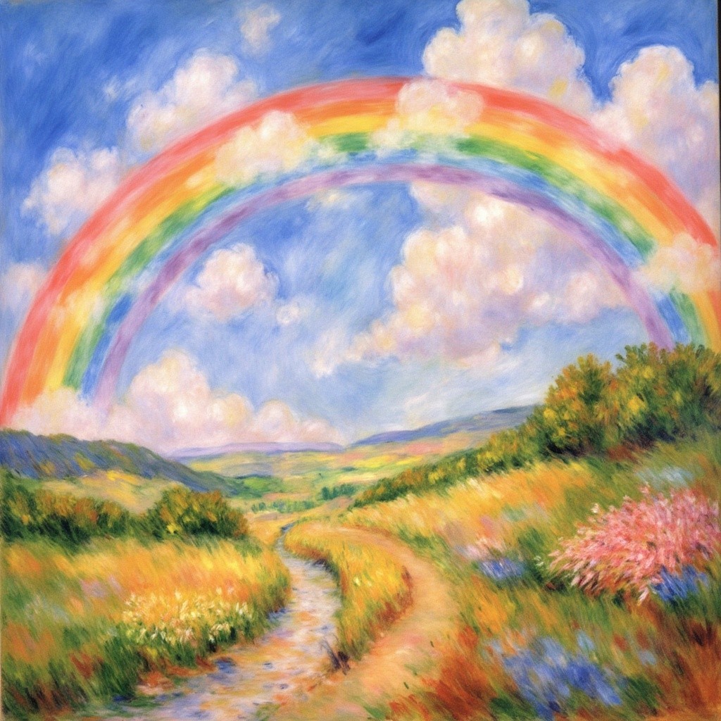 Vibrant Landscape with Rainbow and Wildflower Valley