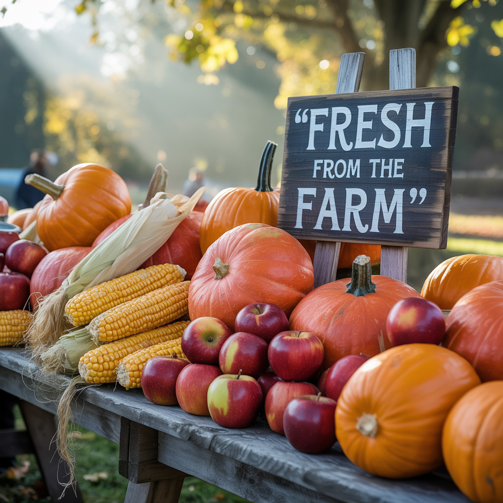 Rustic Table with Pumpkins, Apples, and Corn Display